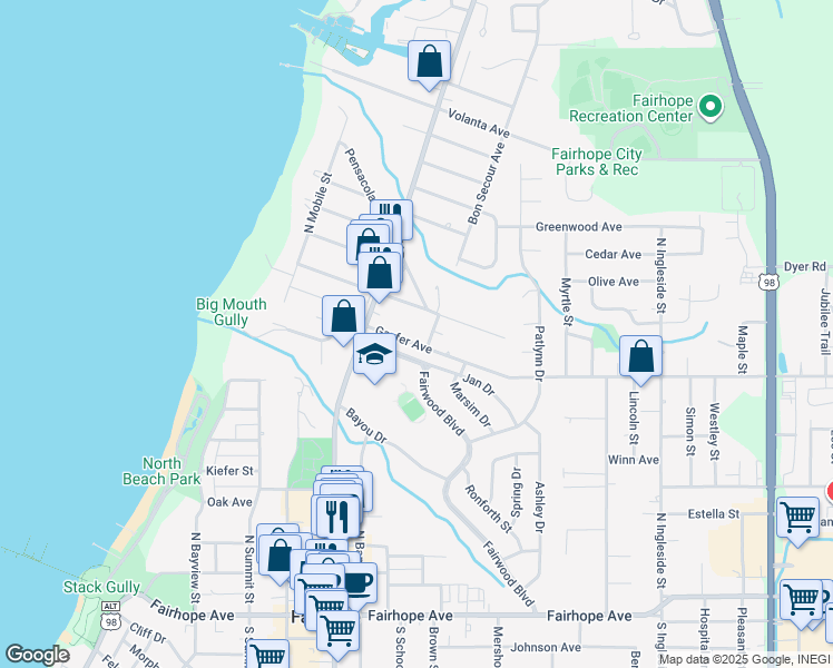 map of restaurants, bars, coffee shops, grocery stores, and more near 415 Gayfer Avenue in Fairhope