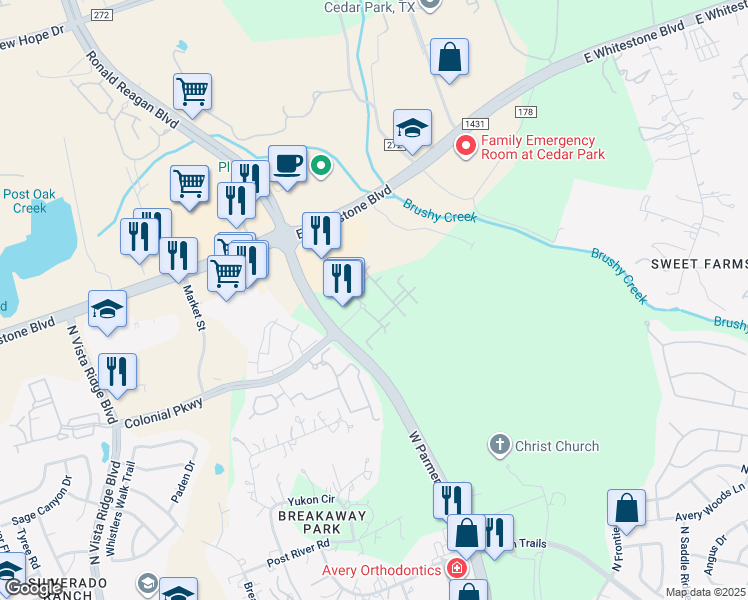 map of restaurants, bars, coffee shops, grocery stores, and more near 12820 West Parmer Lane in Cedar Park