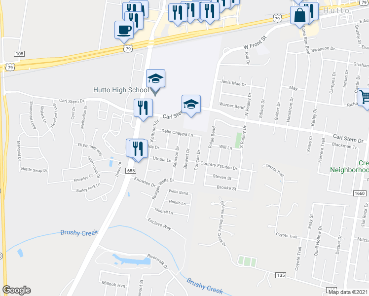 map of restaurants, bars, coffee shops, grocery stores, and more near 1110 Blewett Drive in Hutto