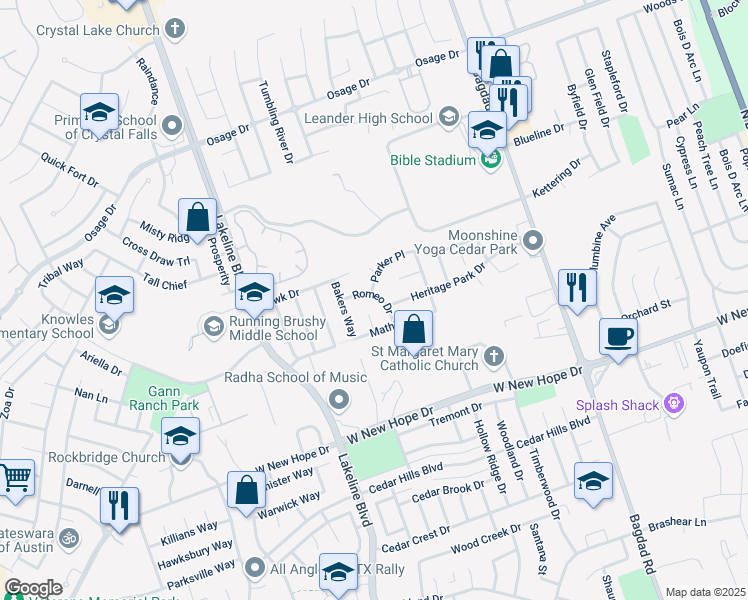 map of restaurants, bars, coffee shops, grocery stores, and more near 2305 Romeo Dr in Cedar Park
