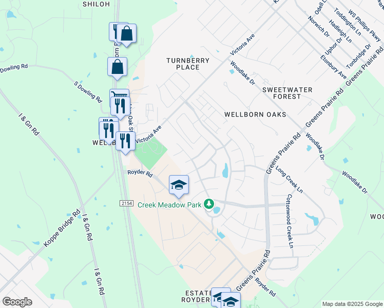 map of restaurants, bars, coffee shops, grocery stores, and more near 15319 Lowry Meadow Lane in College Station
