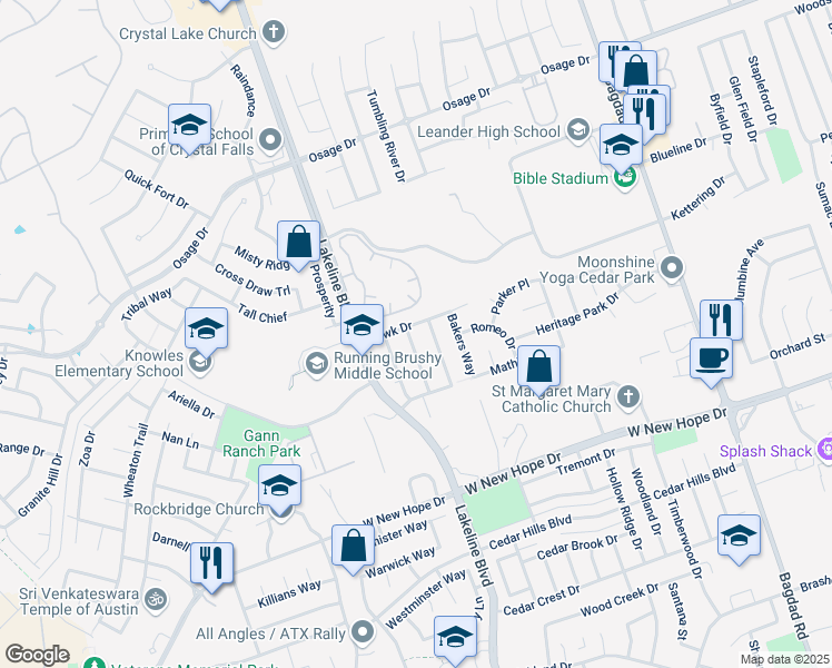 map of restaurants, bars, coffee shops, grocery stores, and more near 2310 John Tee Drive in Cedar Park