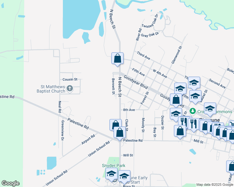 map of restaurants, bars, coffee shops, grocery stores, and more near 602A Bennett Street in Picayune