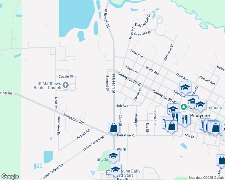 map of restaurants, bars, coffee shops, grocery stores, and more near 602A Bennett Street in Picayune