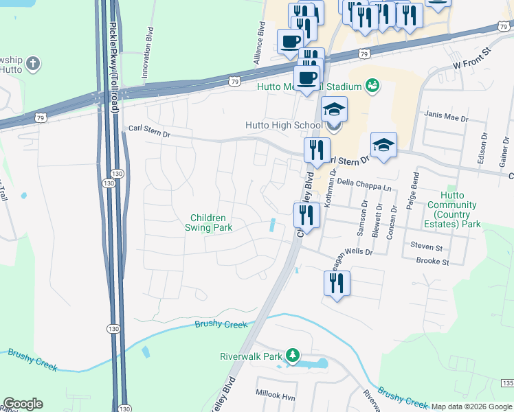 map of restaurants, bars, coffee shops, grocery stores, and more near 109 Eli Whitney Way in Hutto