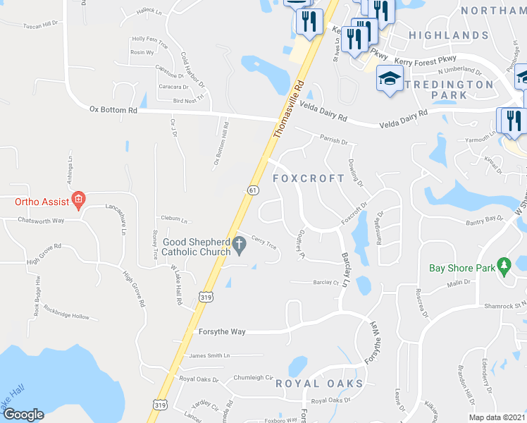 map of restaurants, bars, coffee shops, grocery stores, and more near 2721 Parsons Rest in Tallahassee