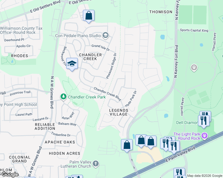 map of restaurants, bars, coffee shops, grocery stores, and more near 1112 Renaissance Trail in Round Rock