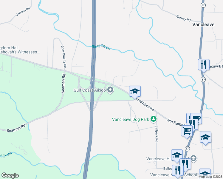 map of restaurants, bars, coffee shops, grocery stores, and more near 5501 Jim Ramsay Road in Vancleave
