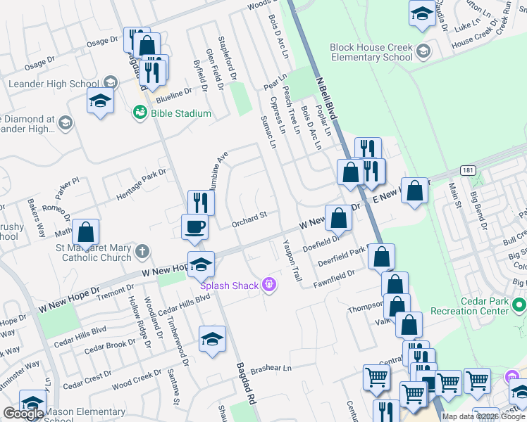 map of restaurants, bars, coffee shops, grocery stores, and more near 2003 Briar Cove in Cedar Park