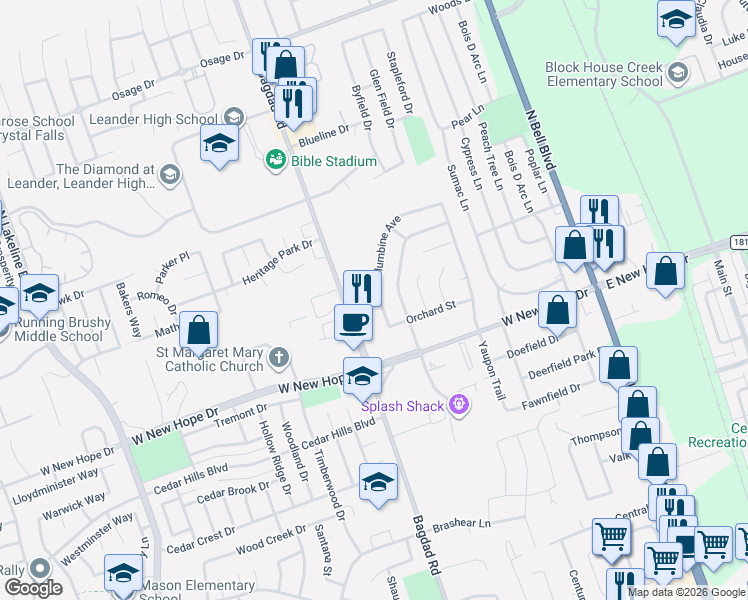 map of restaurants, bars, coffee shops, grocery stores, and more near 649 Columbine Avenue in Cedar Park