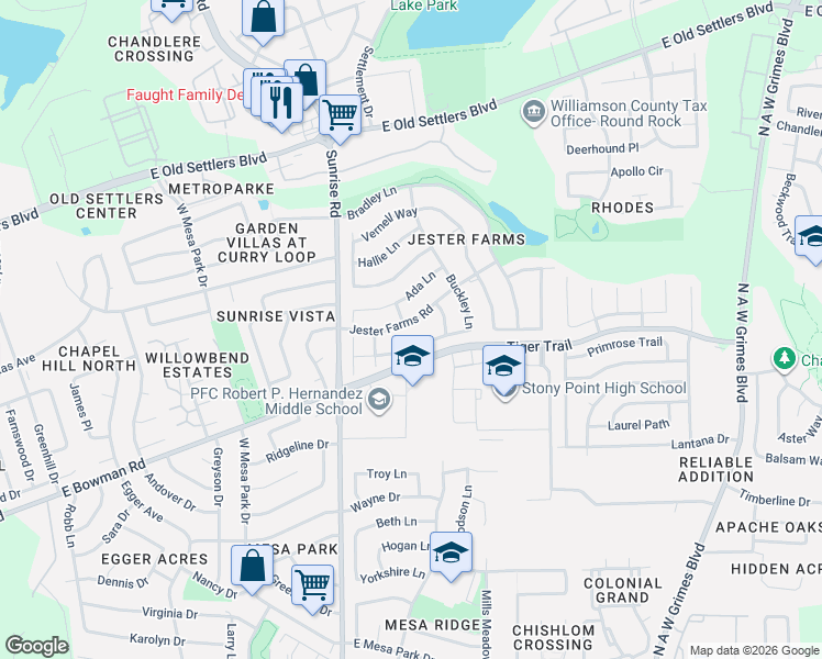 map of restaurants, bars, coffee shops, grocery stores, and more near 2122 Jester Farms Road in Round Rock
