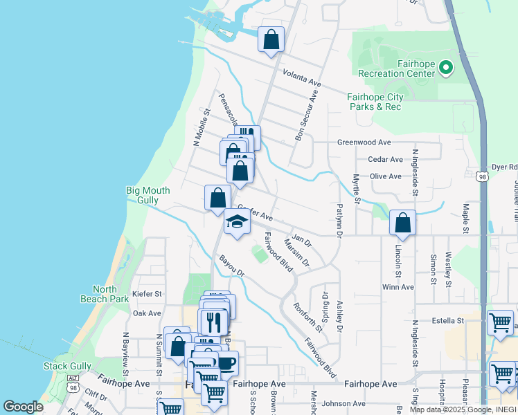 map of restaurants, bars, coffee shops, grocery stores, and more near 415 Gayfer Ave in Fairhope