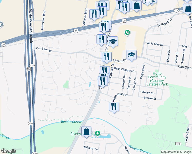 map of restaurants, bars, coffee shops, grocery stores, and more near 500 Chris Kelley Boulevard in Hutto