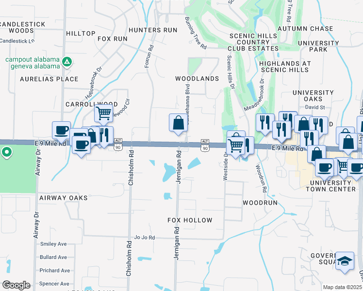 map of restaurants, bars, coffee shops, grocery stores, and more near 1303 East 9 Mile Road in Pensacola