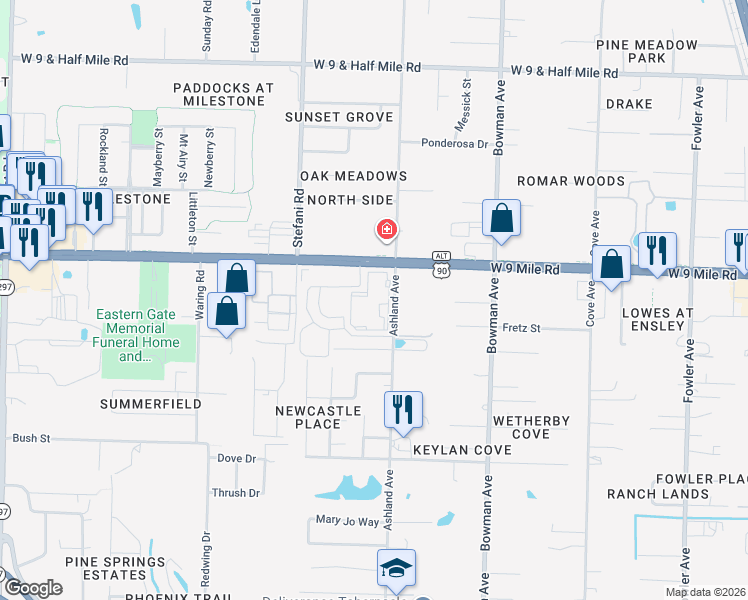 map of restaurants, bars, coffee shops, grocery stores, and more near 9053-9399 Ashland Avenue in Pensacola