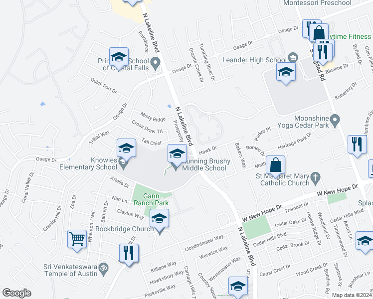 map of restaurants, bars, coffee shops, grocery stores, and more near 1702 Trustworthy in Leander