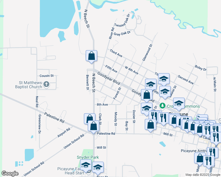 map of restaurants, bars, coffee shops, grocery stores, and more near 1501 6th Avenue in Picayune