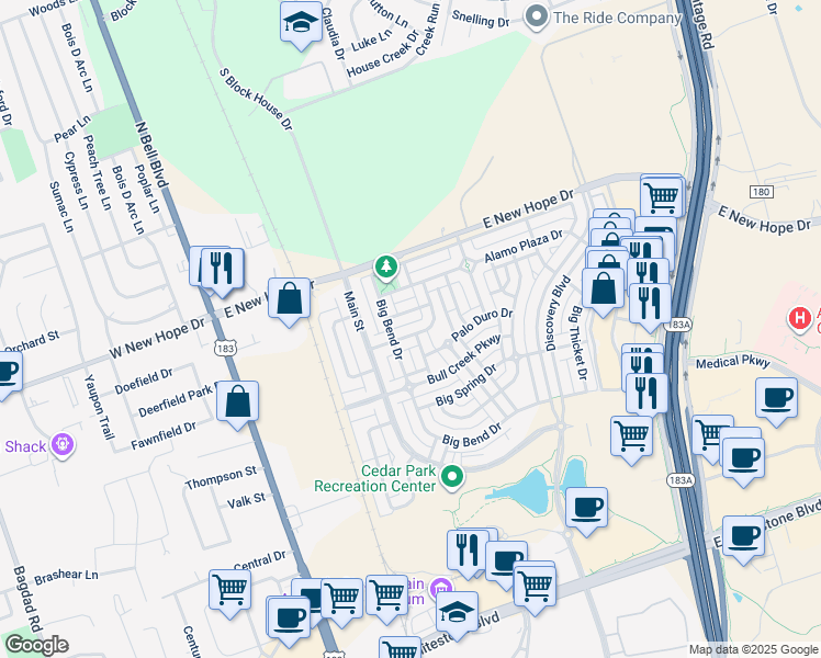 map of restaurants, bars, coffee shops, grocery stores, and more near 609 Brazos Bend Drive in Cedar Park