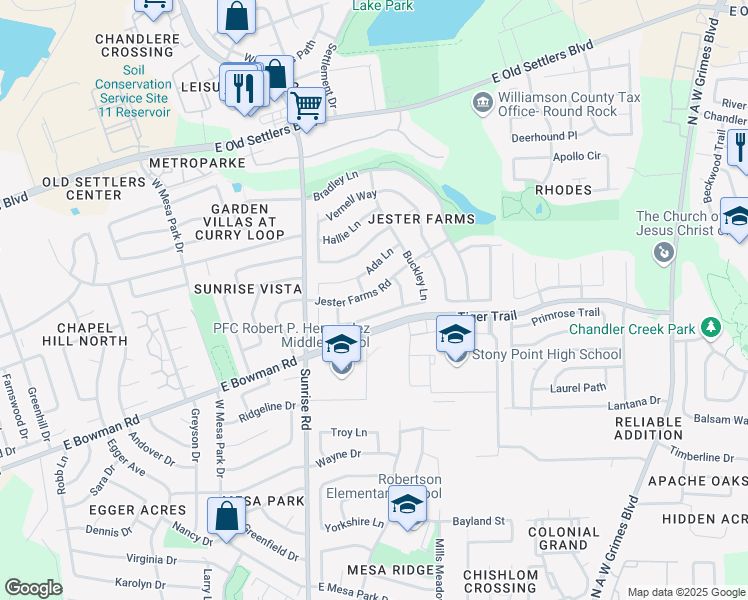 map of restaurants, bars, coffee shops, grocery stores, and more near 2122 Jester Farms Road in Round Rock