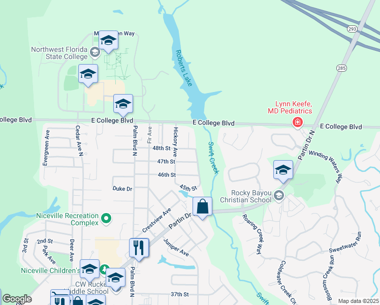 map of restaurants, bars, coffee shops, grocery stores, and more near 1128 48th Street in Niceville