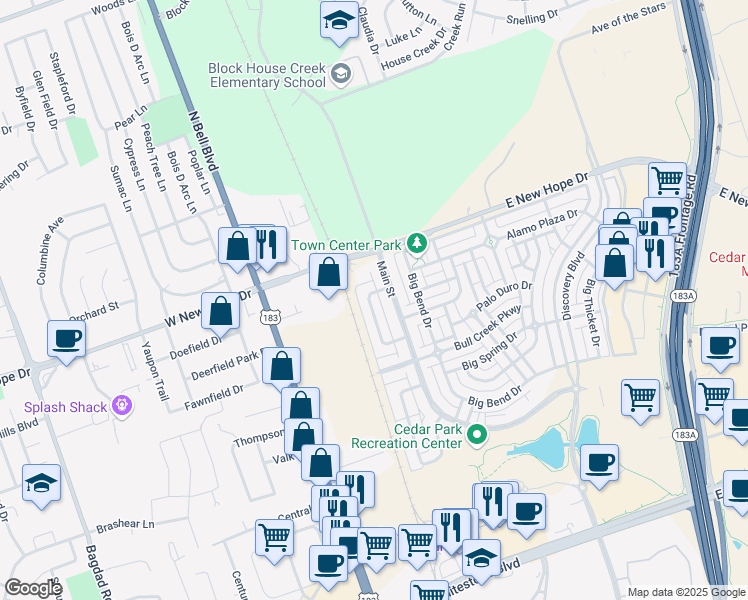 map of restaurants, bars, coffee shops, grocery stores, and more near 1816 Lost Maples Loop in Cedar Park