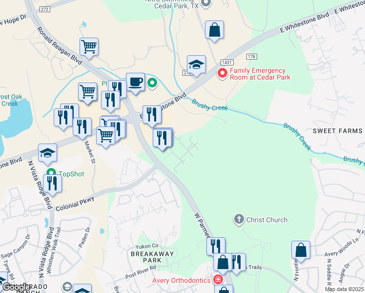 map of restaurants, bars, coffee shops, grocery stores, and more near 12900 West Parmer Lane in Cedar Park