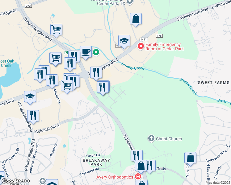 map of restaurants, bars, coffee shops, grocery stores, and more near 12820 West Parmer Lane in Cedar Park