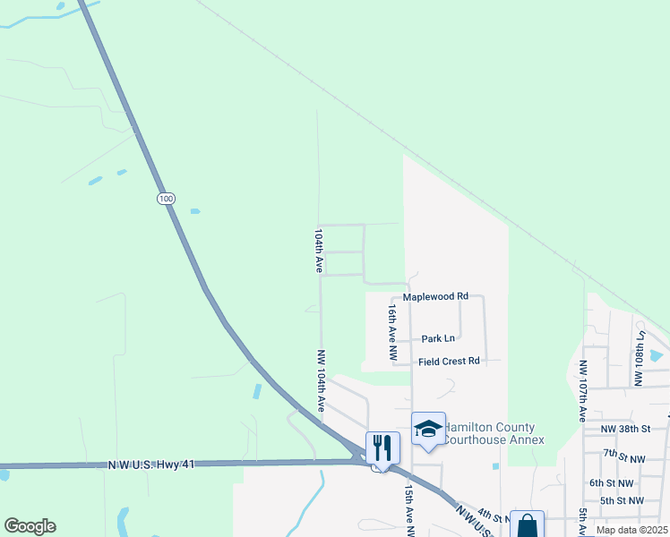map of restaurants, bars, coffee shops, grocery stores, and more near 18 Northwest 36th Drive in Jasper