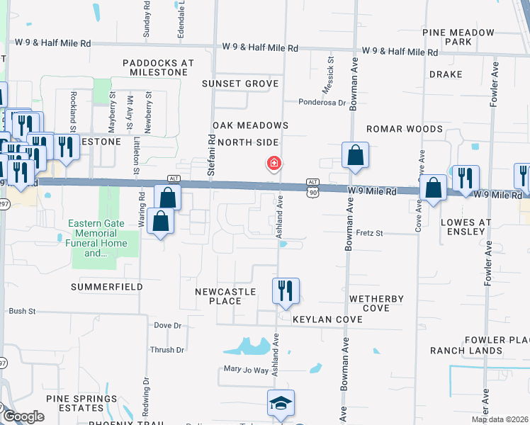 map of restaurants, bars, coffee shops, grocery stores, and more near 9053-9399 Ashland Avenue in Pensacola