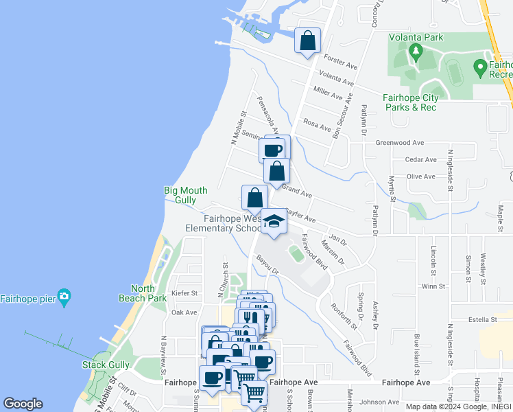 map of restaurants, bars, coffee shops, grocery stores, and more near 349 Gayfer Court in Fairhope