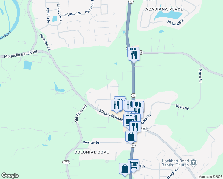 map of restaurants, bars, coffee shops, grocery stores, and more near 31855 Louisiana 16 in Denham Springs