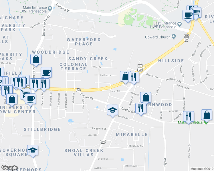 map of restaurants, bars, coffee shops, grocery stores, and more near 2430 East 9 Mile Road in Pensacola