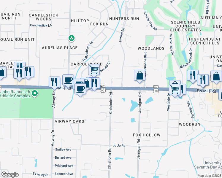 map of restaurants, bars, coffee shops, grocery stores, and more near 9435 Chisholm Road in Pensacola