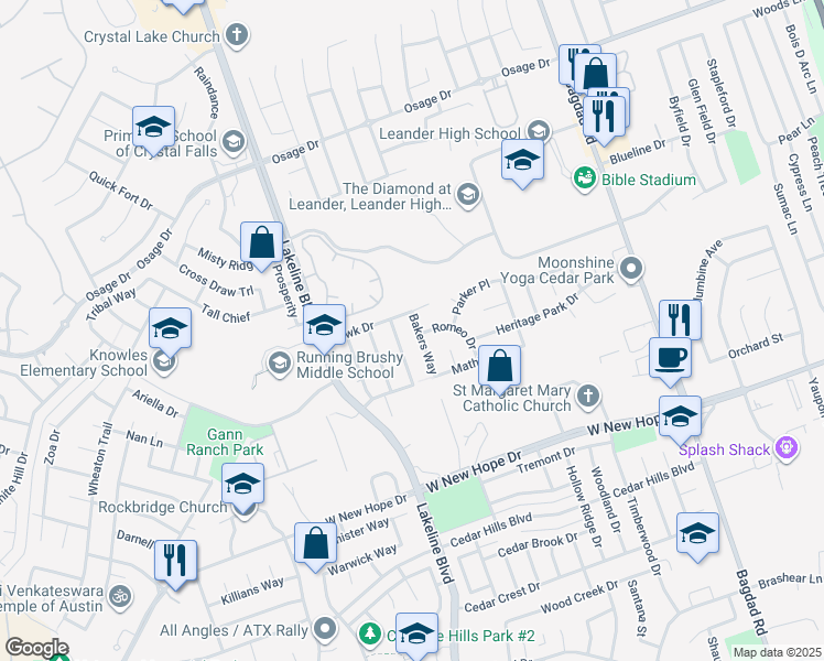 map of restaurants, bars, coffee shops, grocery stores, and more near 2305 Bakers Way in Cedar Park