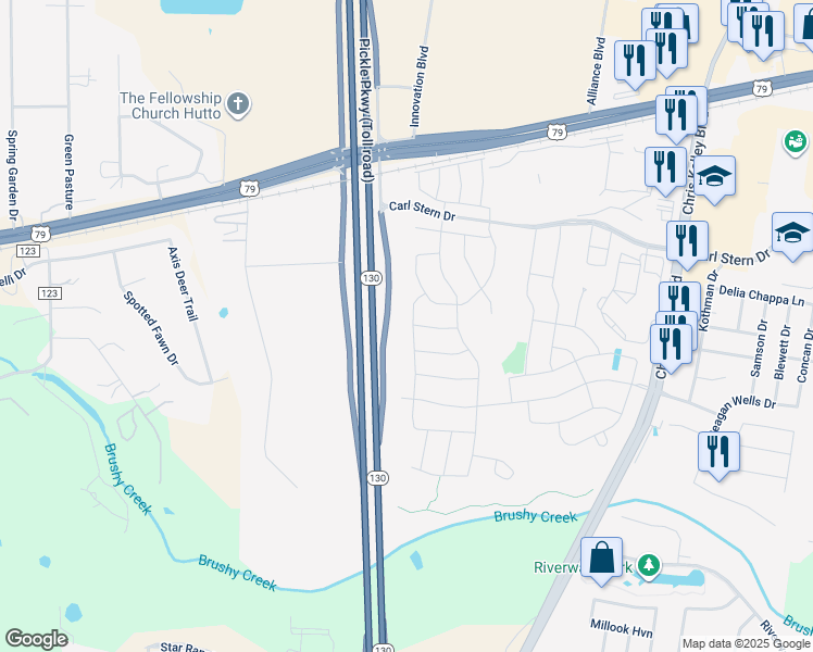 map of restaurants, bars, coffee shops, grocery stores, and more near 613 Mangold Drive in Hutto