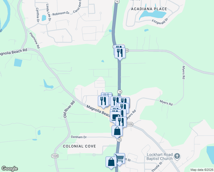 map of restaurants, bars, coffee shops, grocery stores, and more near 31855 Louisiana 16 in Denham Springs