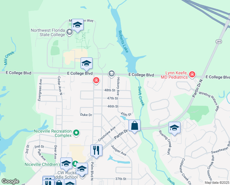 map of restaurants, bars, coffee shops, grocery stores, and more near 1048 48th Street in Niceville