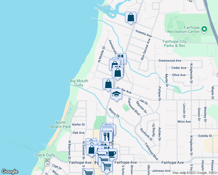 map of restaurants, bars, coffee shops, grocery stores, and more near 314 Gayfer Court in Fairhope