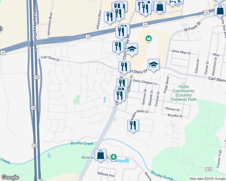 map of restaurants, bars, coffee shops, grocery stores, and more near 500 Chris Kelley Boulevard in Hutto