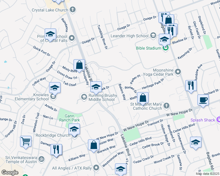map of restaurants, bars, coffee shops, grocery stores, and more near 2310 John Tee Dr in Cedar Park
