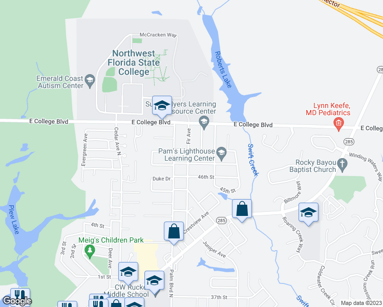 map of restaurants, bars, coffee shops, grocery stores, and more near 522 Fir Avenue in Niceville