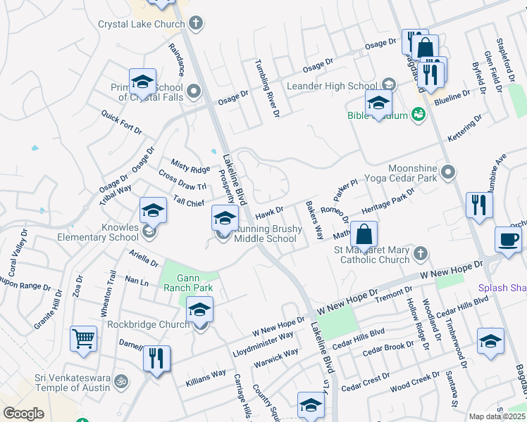 map of restaurants, bars, coffee shops, grocery stores, and more near 1613 Hawk Drive in Cedar Park