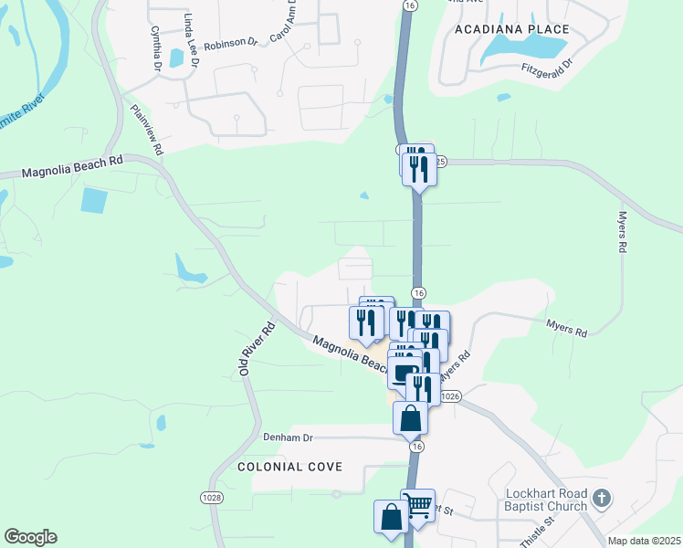 map of restaurants, bars, coffee shops, grocery stores, and more near 31855 Louisiana 16 in Denham Springs