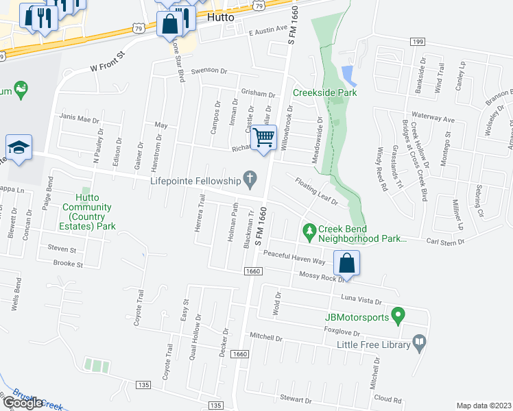 map of restaurants, bars, coffee shops, grocery stores, and more near 312 Blackman Tr in Hutto