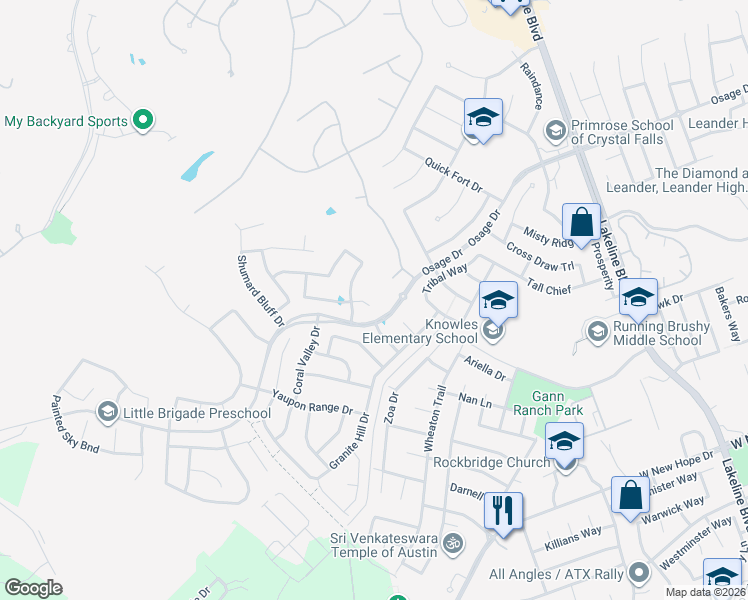 map of restaurants, bars, coffee shops, grocery stores, and more near 2105 Lookout Knoll Drive in Leander