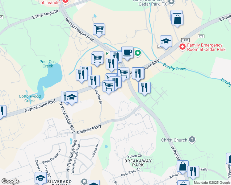 map of restaurants, bars, coffee shops, grocery stores, and more near 2800 East Whitestone Boulevard in Cedar Park