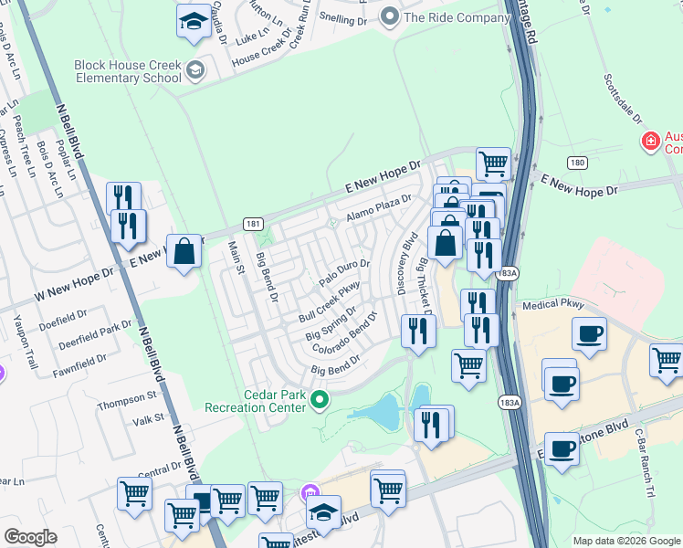 map of restaurants, bars, coffee shops, grocery stores, and more near 814 Palo Duro Drive in Cedar Park
