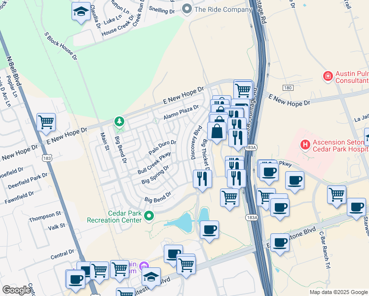 map of restaurants, bars, coffee shops, grocery stores, and more near 1609 Discovery Boulevard in Cedar Park