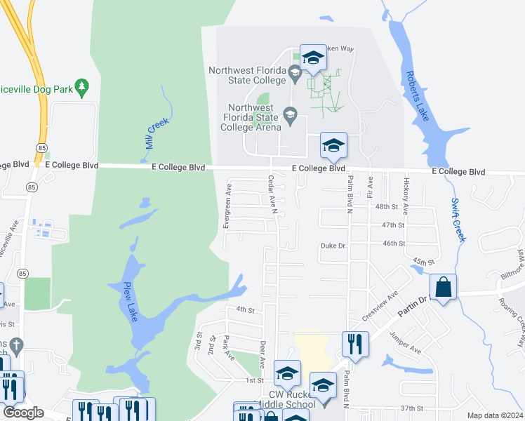 map of restaurants, bars, coffee shops, grocery stores, and more near 3790 Peachtree Way in Niceville