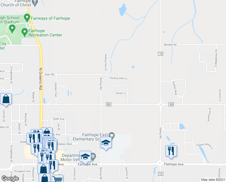 map of restaurants, bars, coffee shops, grocery stores, and more near 8621 Brook Lane in Fairhope
